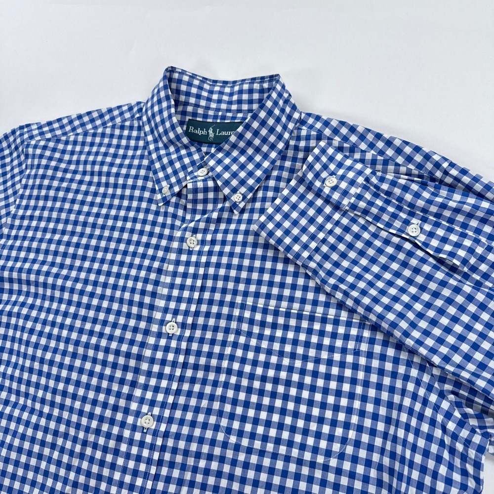 Ralph Lauren Mens Button Down Shirt L Blue Gingham Plaid Cotton Preppy Classic